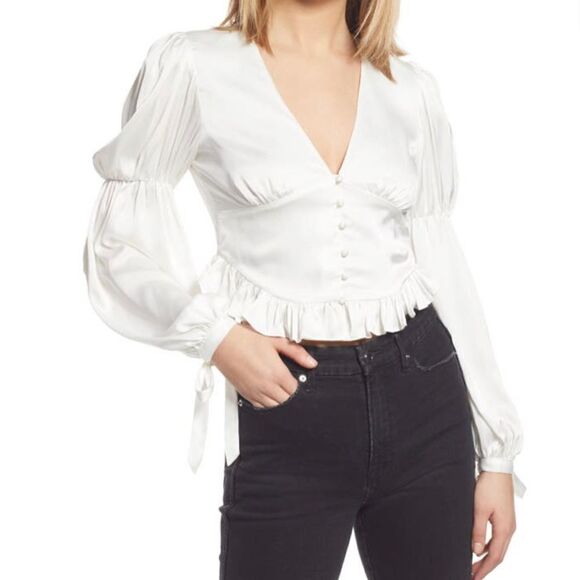 RUFFLE SATIN BLOUSE IN IVORY by WAYF size S retail $70 - Picture 1 of 5